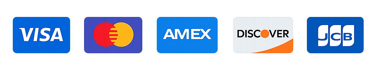Visa, Mastercard, Amex, Discover, JCB accepted