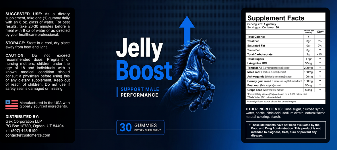JellyBoost supplement facts label listing all seven active ingredients and amounts